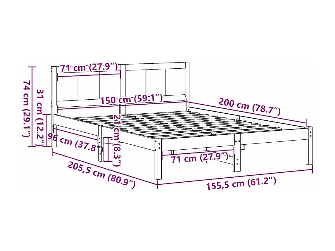 Lit double | Lit adulte | Cadre de lit Blanc 150x200 cm Bois de pin massif