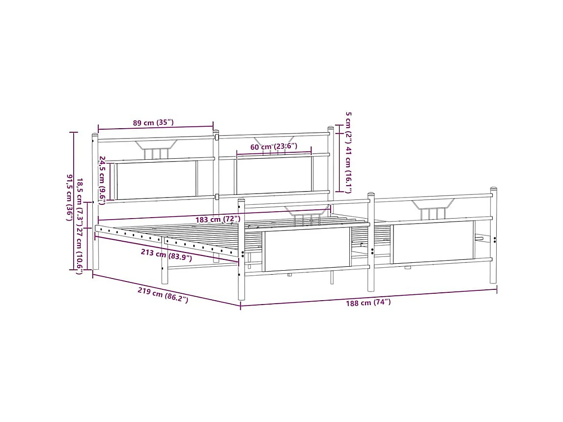 Letto per adulti | Letto matrimoniale | Giroletto senza Materaso in Metallo Rovere Fumo 183x213 cm