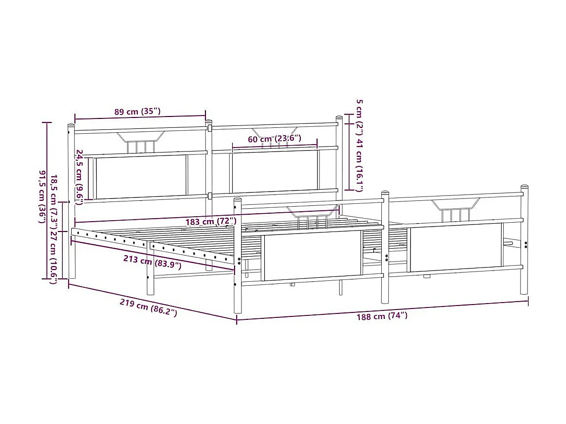 Lit double | Lit adulte | Cadre de lit en métal chêne fumé 183x213 cm