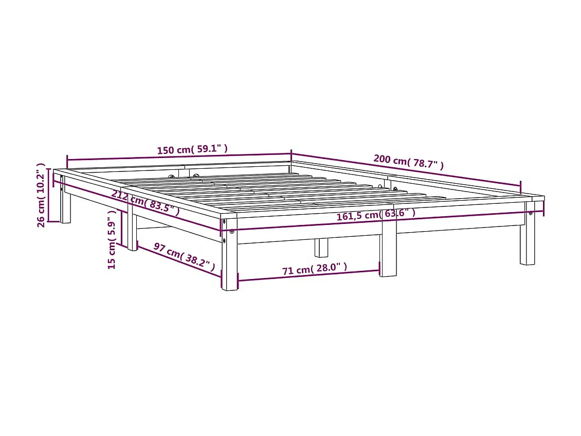 Lit double | Lit adulte | Cadre de lit gris bois de pin massif 150x200 cm