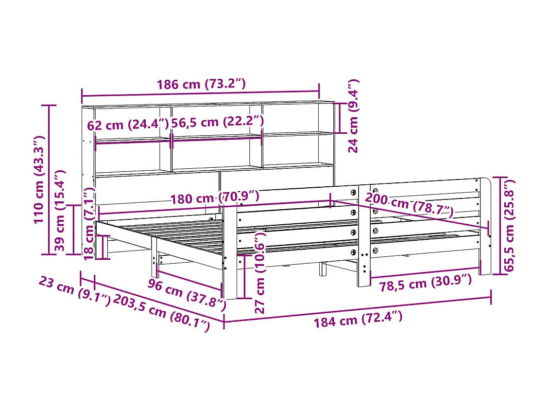 Lit double | Lit adulte | Cadre de lit blanc 180x200 cm bois massif de pin