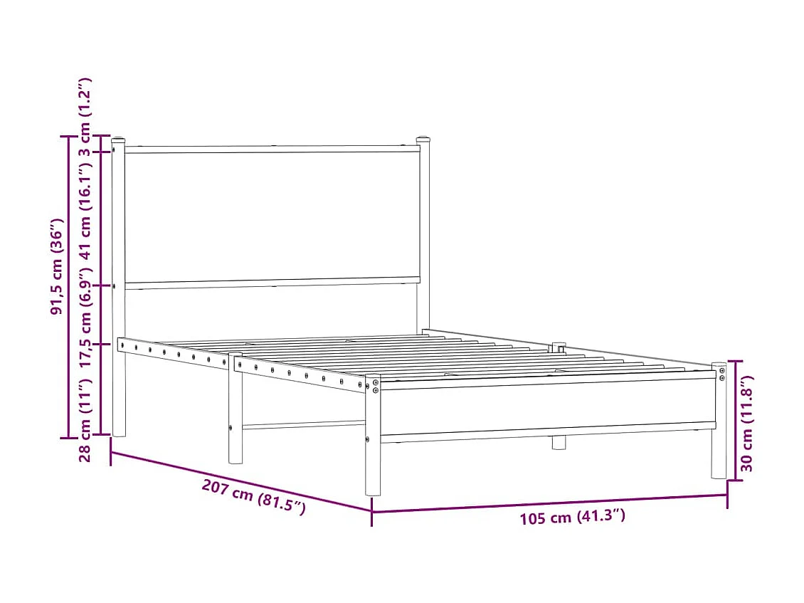 Letto per adulti | Letto singolo | Giroletto senza Materaso in Metallo Rovere Fumo 100x200 cm