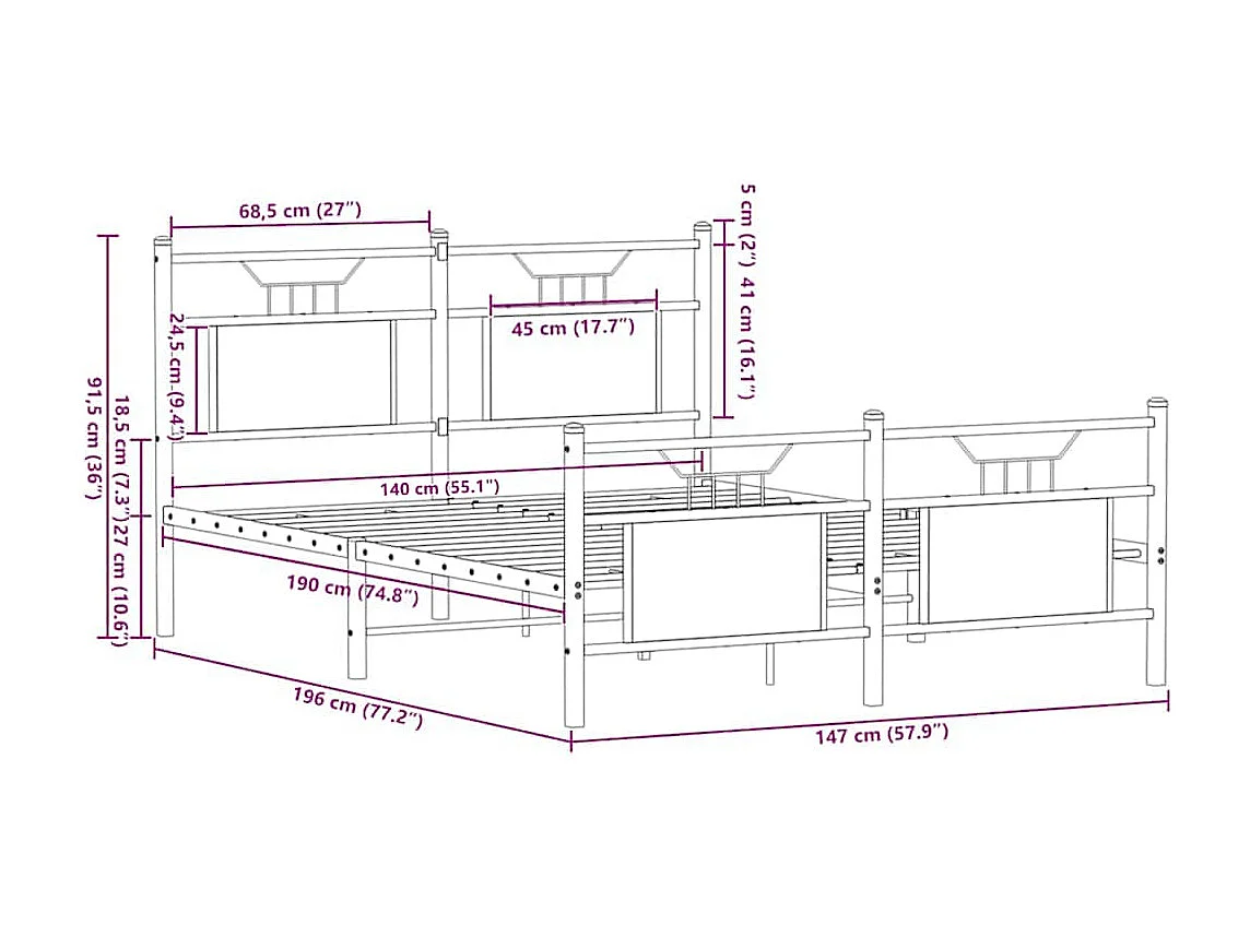 Lit double | Lit adulte | Cadre de lit chêne sonoma 140x190 cm