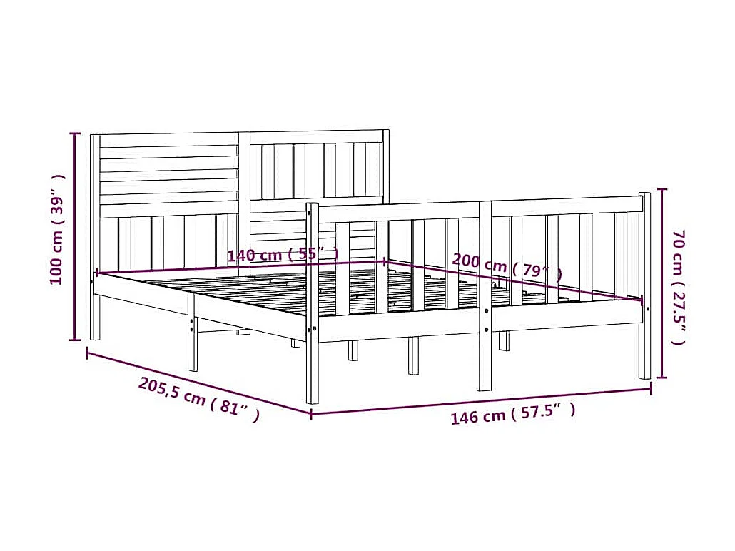 Lit double | Lit adulte | Cadre de lit bois massif 140x200 cm