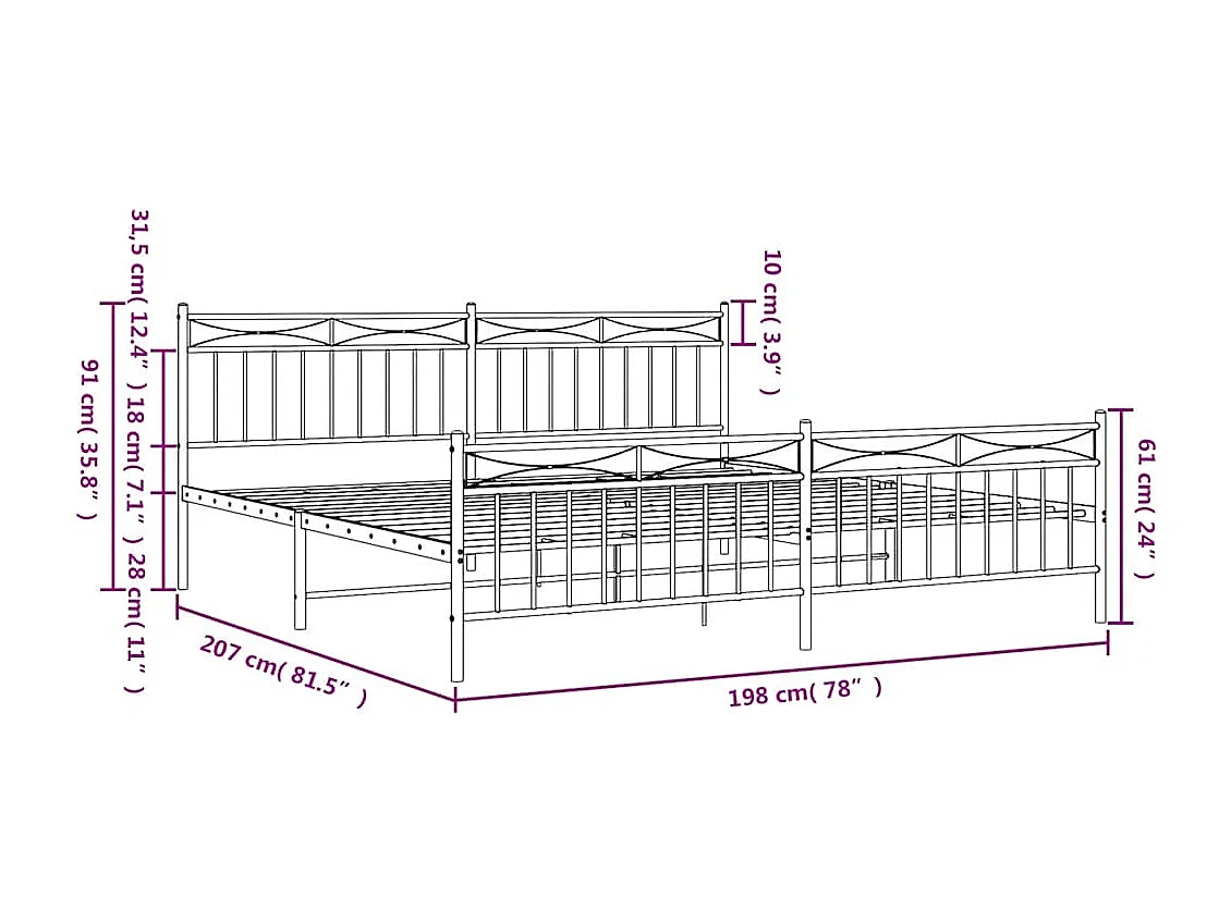 Lit double | Lit adulte | Cadre de lit métal avec pied de lit noir 193x203cm