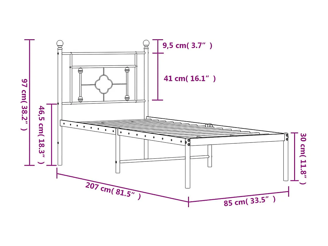 Lit simple | Lit adulte, enfant | Cadre de lit métal avec tête de lit noir 80x200 cm