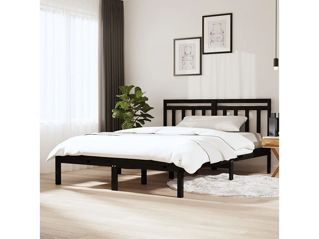 Lit double | Lit adulte | Cadre de lit noir bois massif 140x190 cm