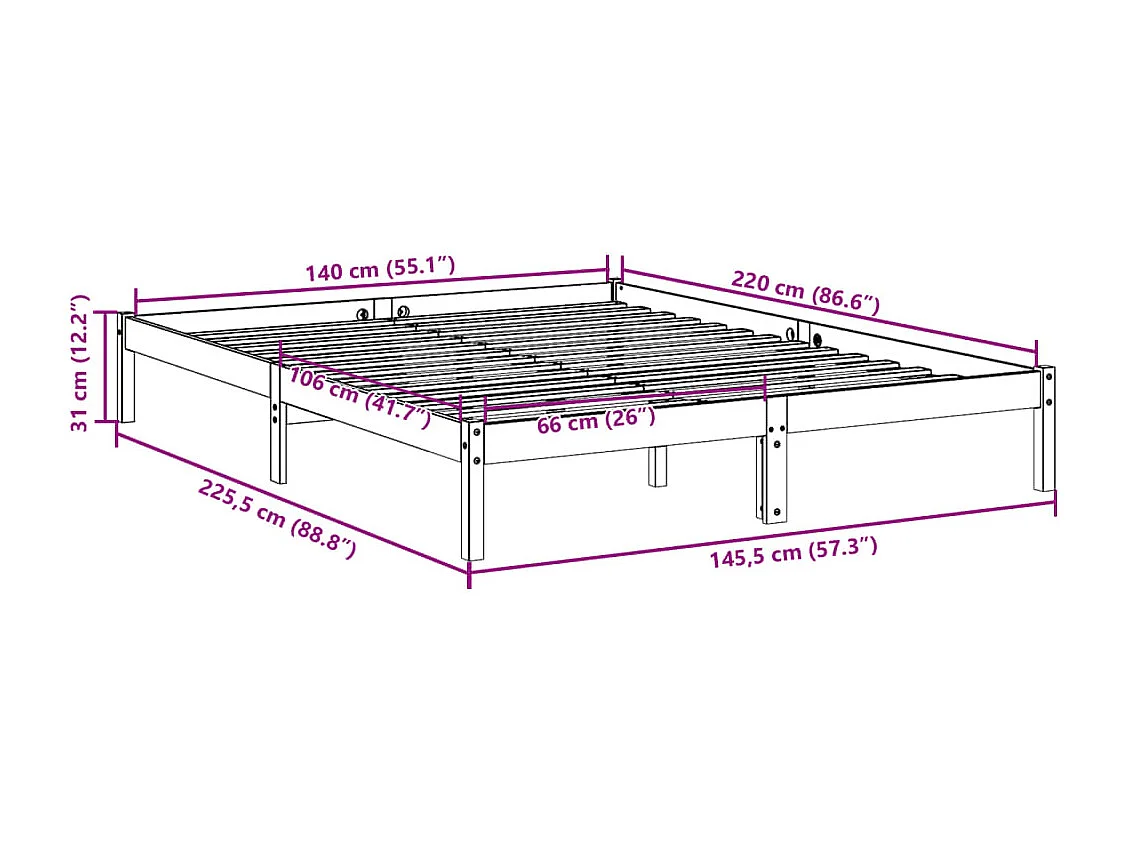 Lit double | Lit adulte | Cadre de lit extra long 140x220 cm bois massif pin