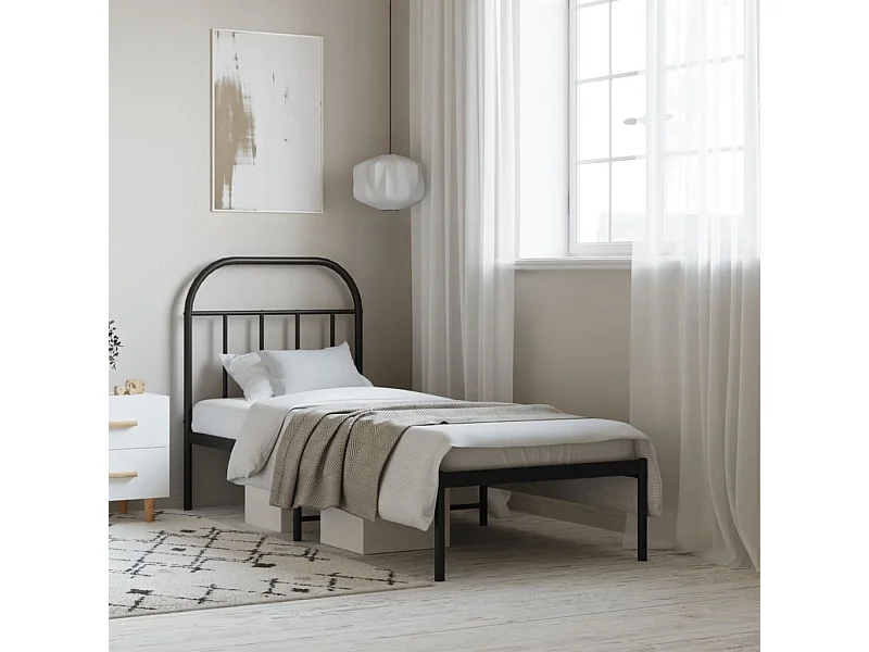 Lit simple | Lit adulte, enfant | Cadre de lit métal avec tête de lit noir 75x190 cm
