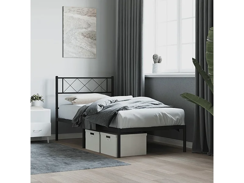 Lit simple | Lit adulte, enfant | Cadre de lit métal avec tête de lit noir 75x190 cm
