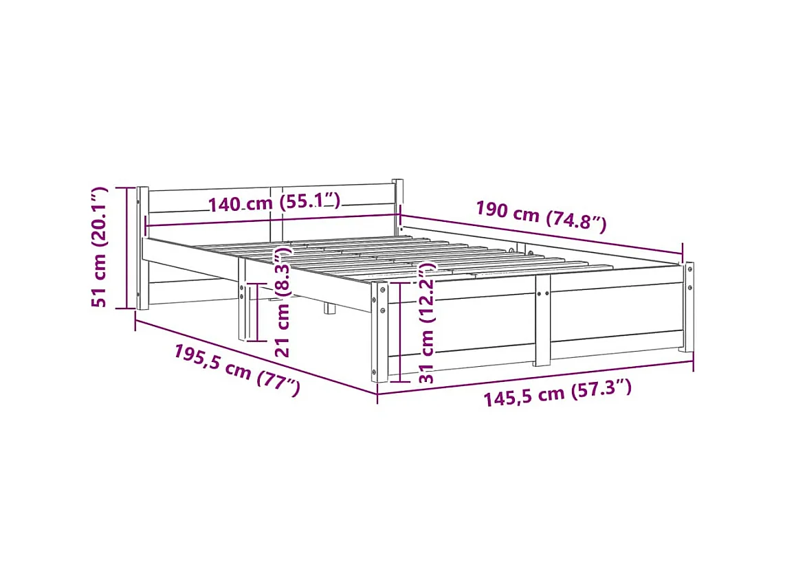 Lit double | Lit adulte | Cadre de lit bois massif 140x190 cm