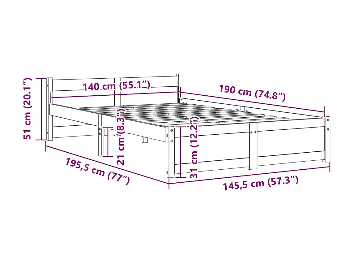 Lit double | Lit adulte | Cadre de lit bois massif 140x190 cm