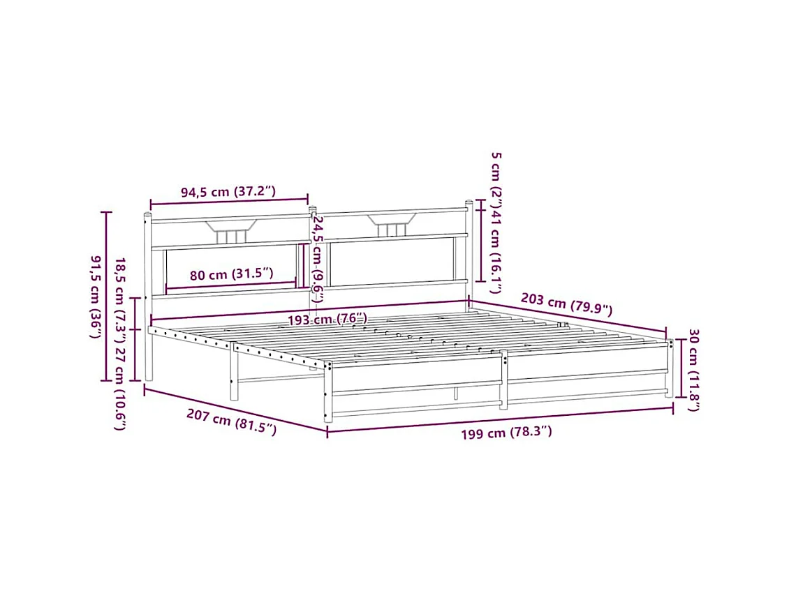 Letto per adulti | Letto matrimoniale | Giroletto senza Materaso in Metallo Rovere Marrone 193x201 cm