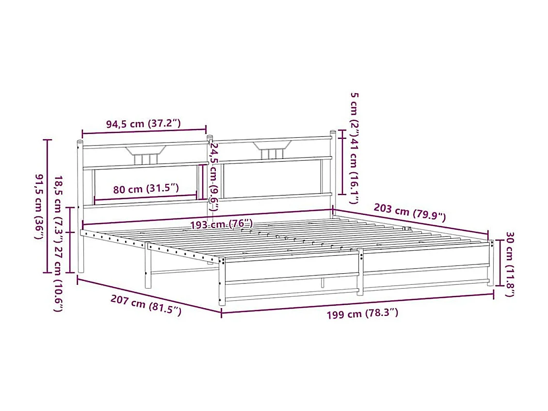 Lit double | Lit adulte | Cadre de lit en métal chêne marron 193x203 cm