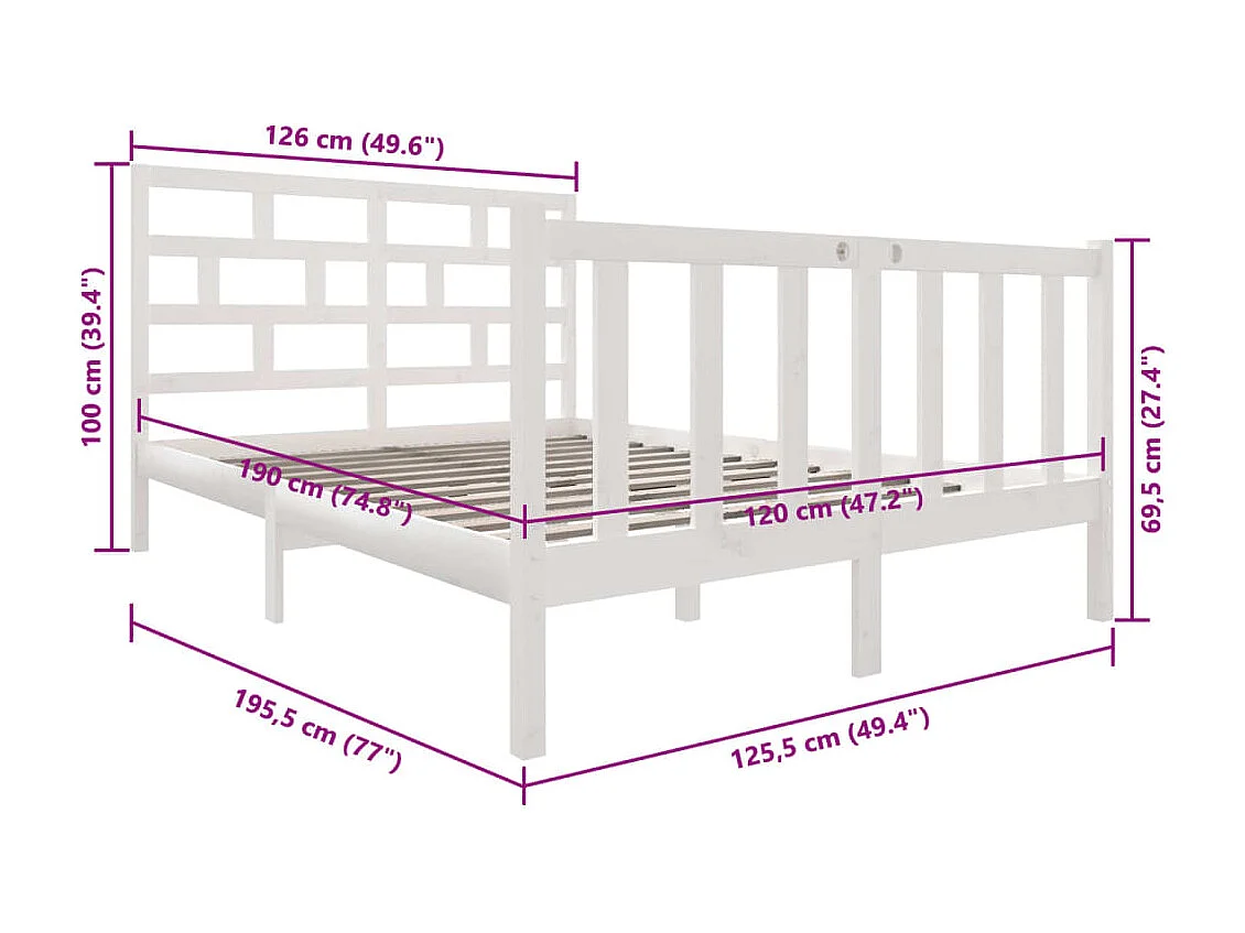 Lit simple | Lit adulte, enfant | Cadre de lit blanc bois de pin massif 120x190 cm