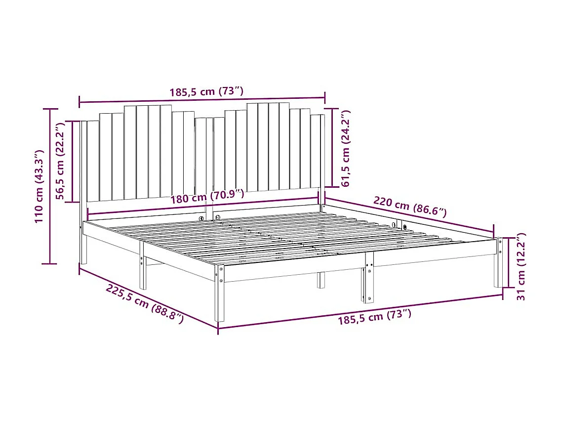 Letto per adulti | Letto matrimoniale | Giroletto Extra Lungo senza Materasso 180x220 cm Legno Massello