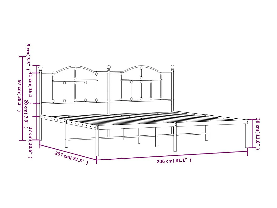 Lit double | Lit adulte | Cadre de lit métal et tête de lit blanc 200x200 cm