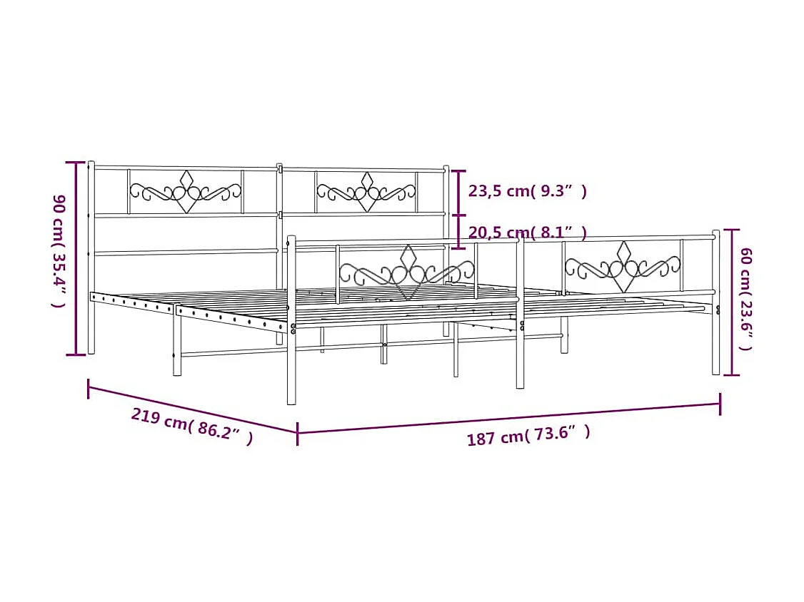 Lit double | Lit adulte | Cadre de lit métal et pied de lit blanc 183x213 cm