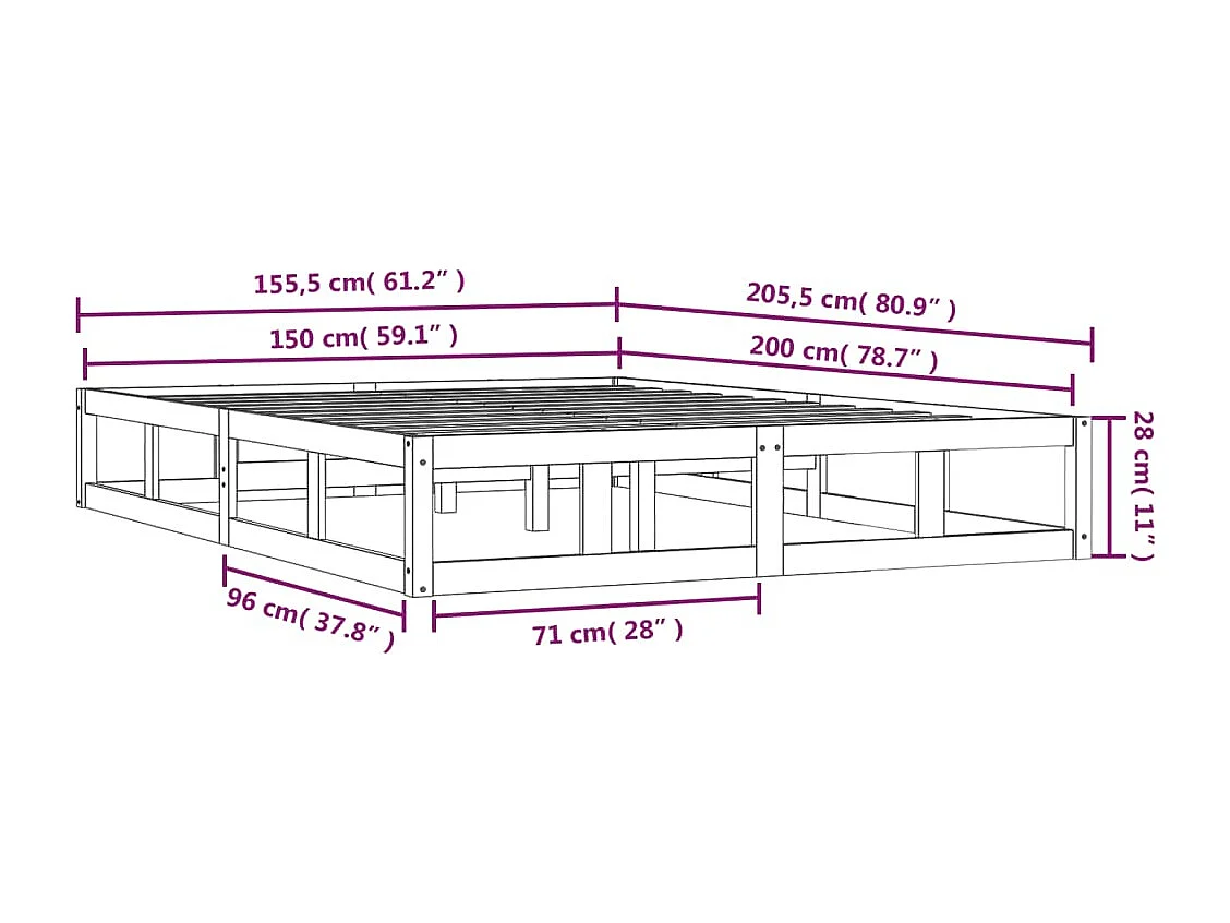 Lit double | Lit adulte | Cadre de lit blanc 150x200 cm bois massif