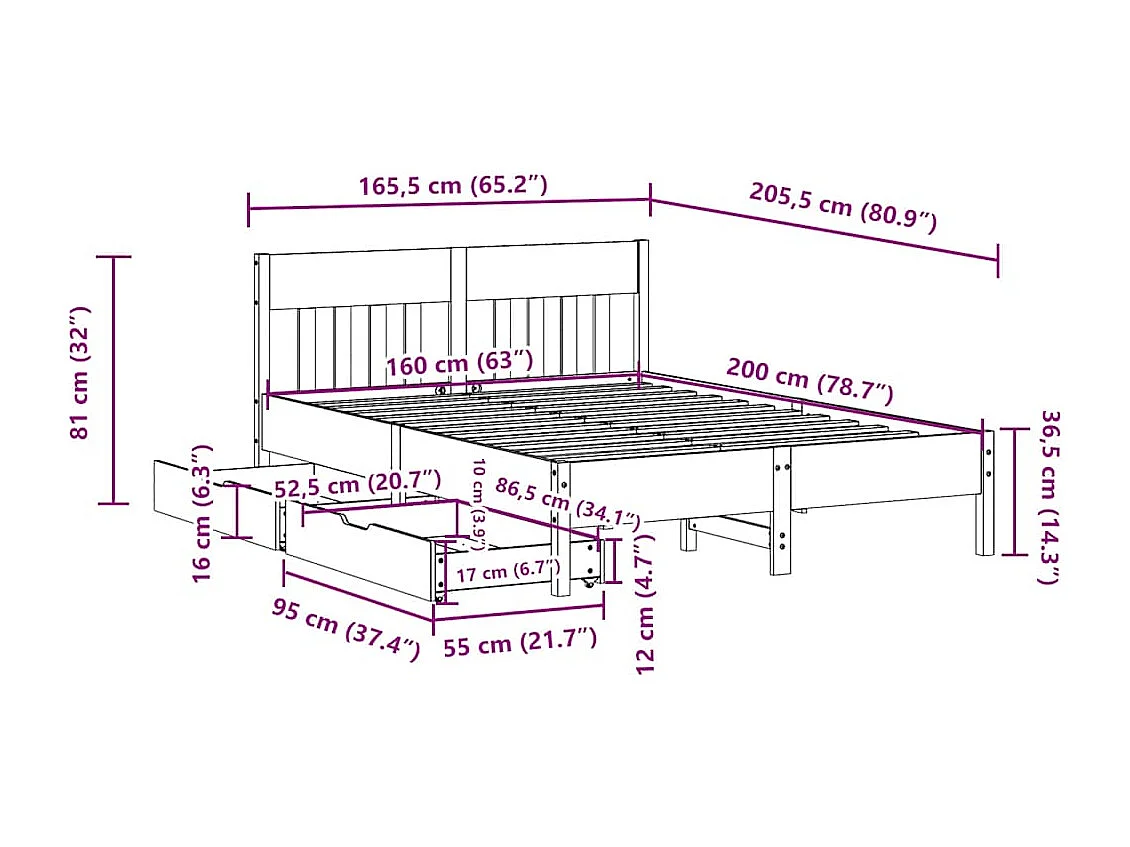 Lit double | Lit adulte | Cadre de lit blanc 160x200 cm bois de pin massif