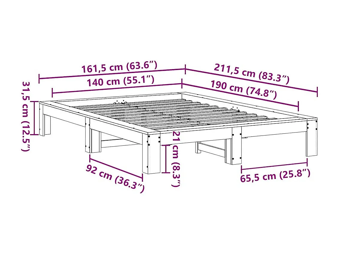 Lit double | Lit adulte | Cadre de lit 140x190 cm bois de pin massif