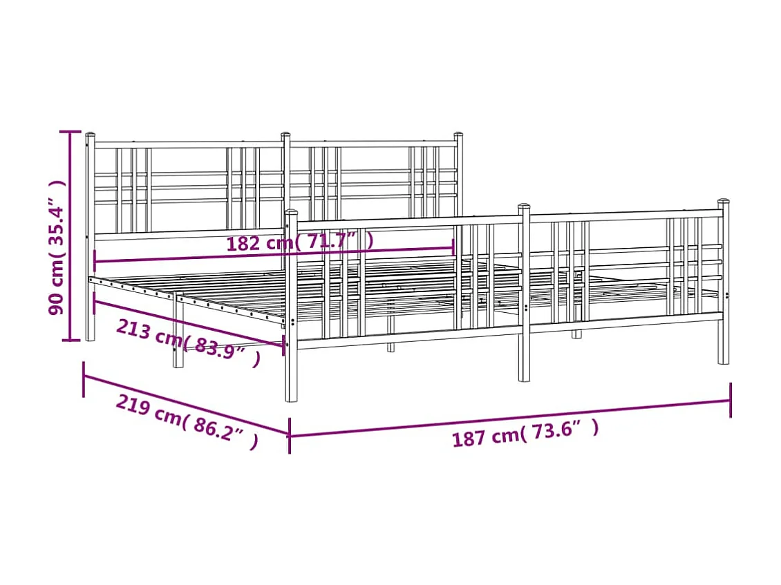 Lit double | Lit adulte | Cadre de lit métal et pied de lit blanc 183x213 cm
