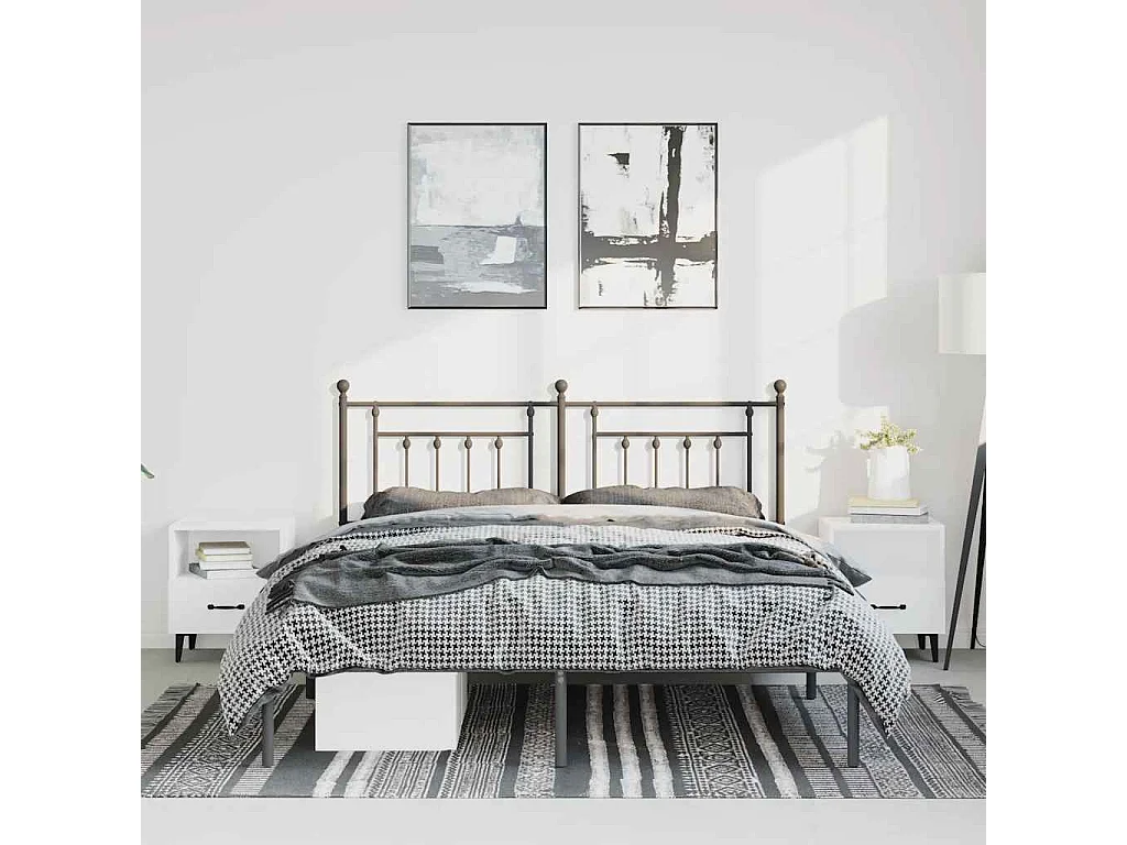 Lit double | Lit adulte | Cadre de lit métal avec tête de lit noir 150x200cm