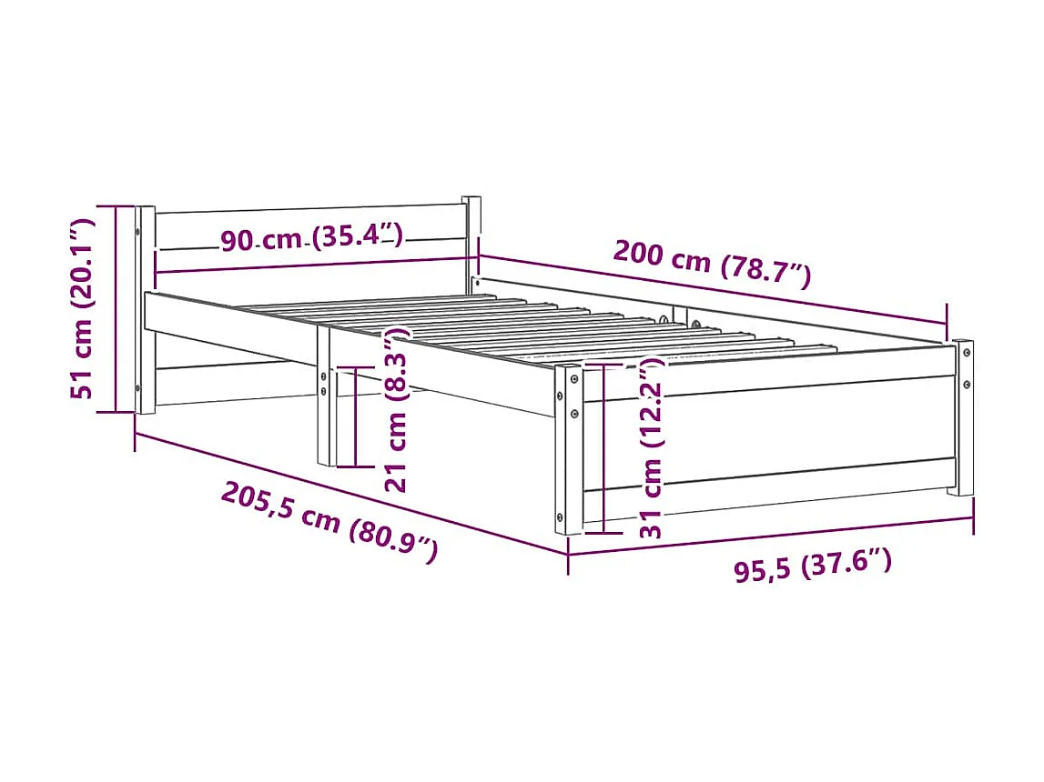 Lit simple | Lit adulte, enfant | Cadre de lit blanc bois massif 90x200 cm