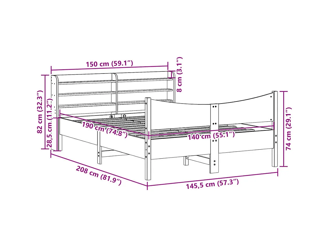 Letto per adulti | Letto matrimoniale | Giroletto con Testiera Bianco 140x190 cm in Legno Massello Pino