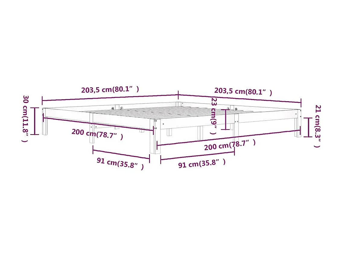 Lit double | Lit adulte | Cadre de lit blanc bois massif de pin 200x200 cm