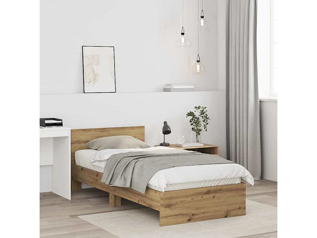 Bedframe | Eenpersoonsbed met hoofdeinde Artisan Eiken 90x200 cm Bewerkt hout