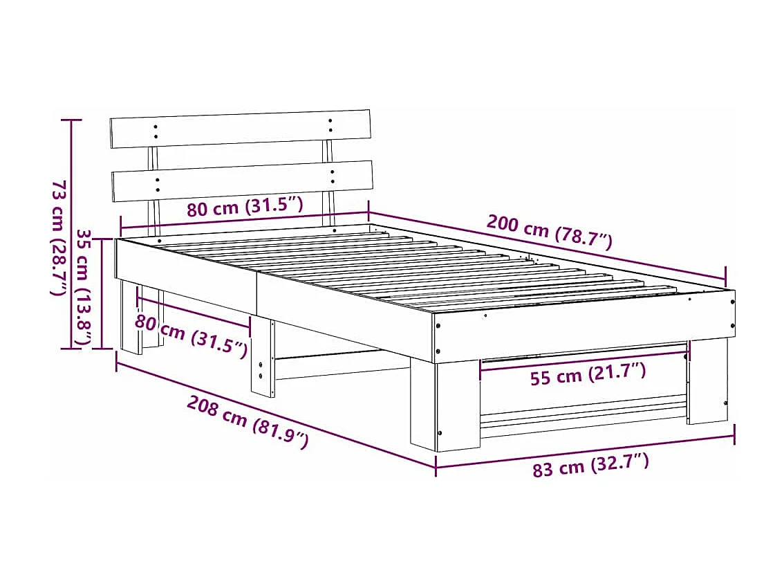 Lit simple | Lit adulte, enfant | Cadre de lit Blanc 80x200 cm Bois massif en pin