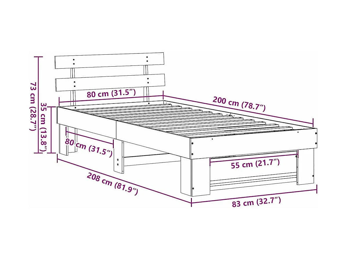 Lit simple | Lit adulte, enfant | Cadre de lit Blanc 80x200 cm Bois massif en pin