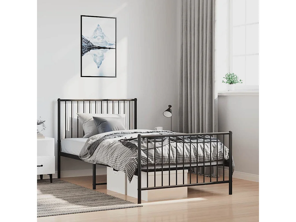 Lit simple | Lit adulte, enfant | Cadre de lit métal avec pied de lit noir 100x190cm