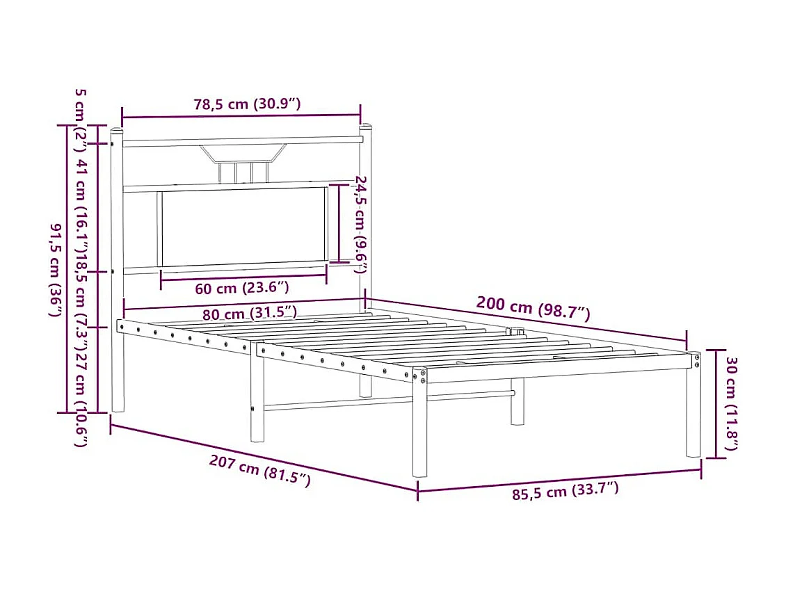 Letto per adulti | Letto singolo | Giroletto senza Materasso Rovere Fumo 80x200 cm in Truciolato