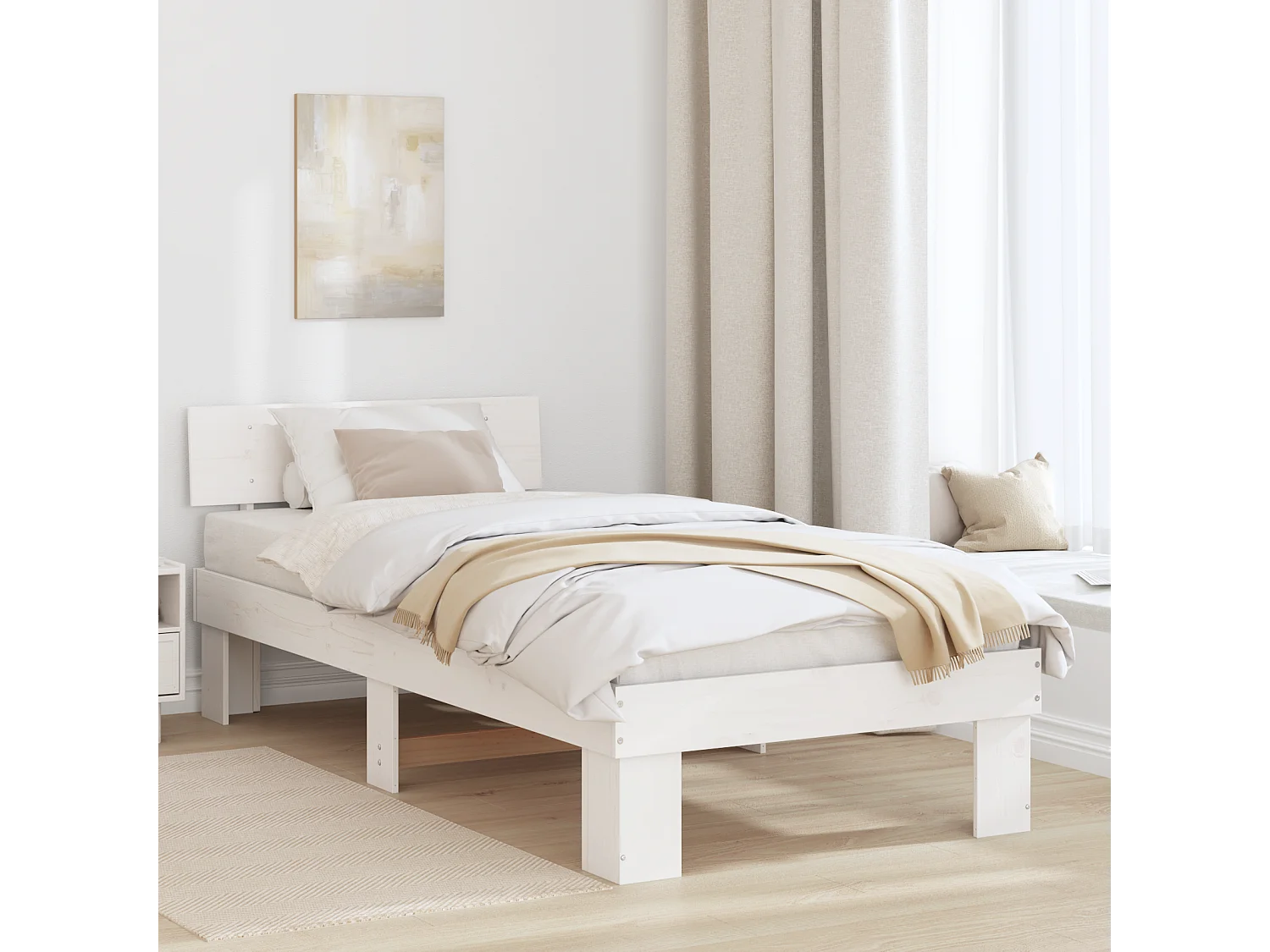 Lit simple | Lit adulte, enfant | Cadre de lit Blanc 100x200 cm Bois massif en pin