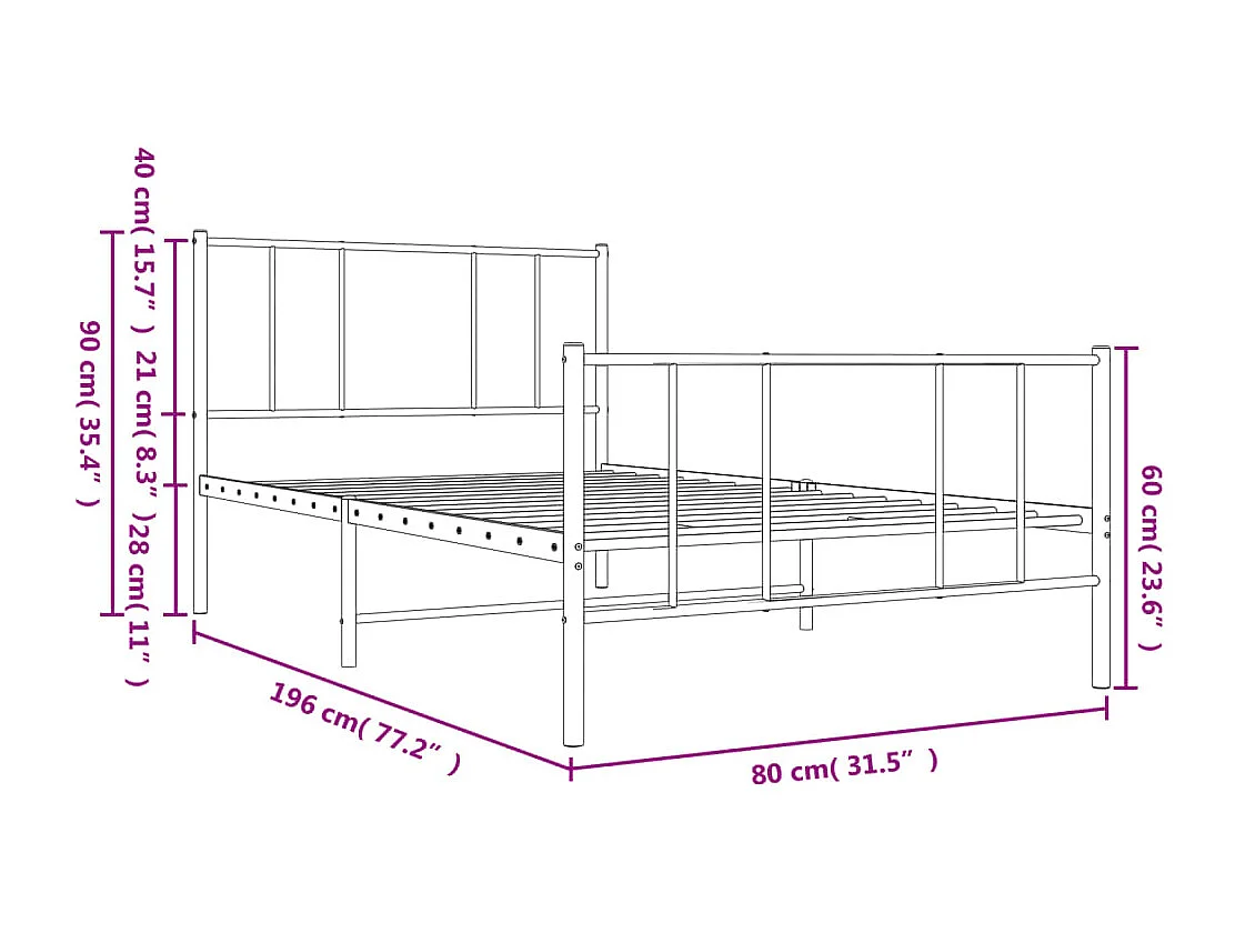 Lit simple | Lit adulte, enfant | Cadre de lit métal avec pied de lit blanc 75x190cm