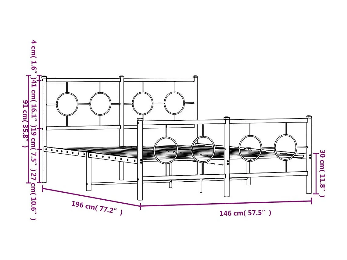 Lit double | Lit adulte | Cadre de lit métal et pied de lit blanc 140x190 cm