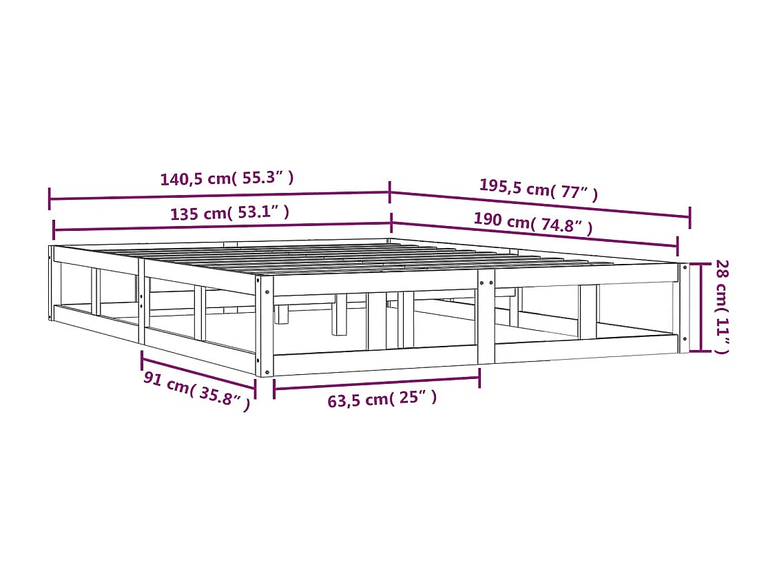 Lit double | Lit adulte | Cadre de lit blanc 135x190 cm bois massif