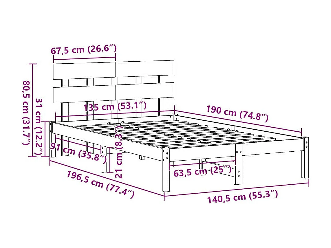 Lit double | Lit adulte | Cadre de lit Blanc 135x190 cm Bois de pin massif