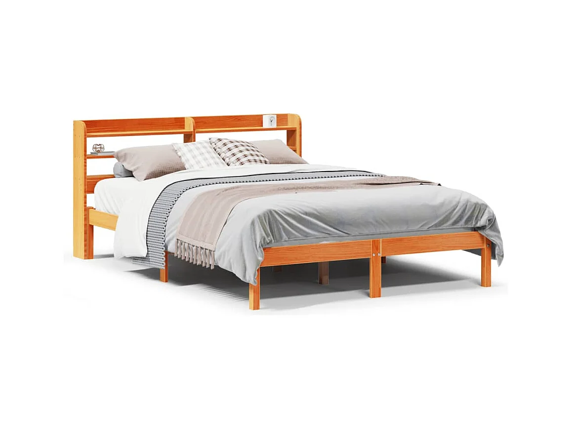 Letto per adulti | Letto matrimoniale | Giroletto con Testiera Marrone Cera 140x200 cm Massello Pino