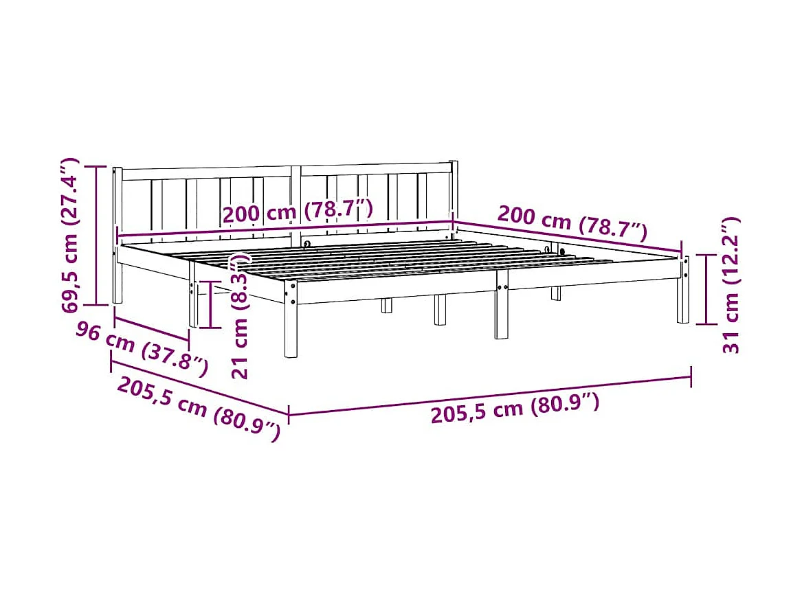 Lit double | Lit adulte | Cadre de lit bois massif 200x200 cm