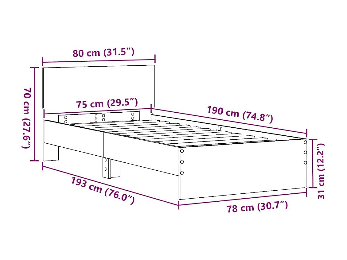 Lit simple | Lit adulte, enfant | Cadre de lit chêne artisanal 75x190 cm Bois d'ingénierie