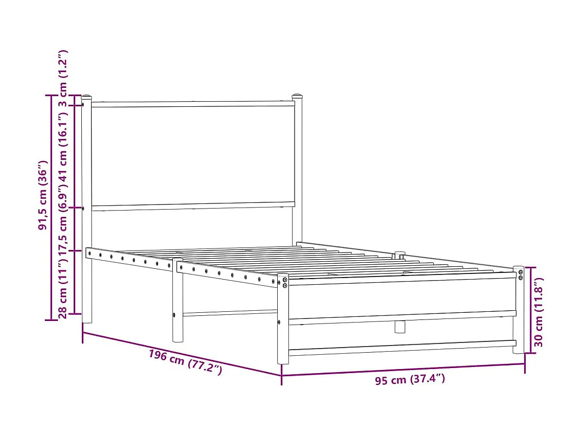 Letto per adulti | Letto singolo | Giroletto senza Materaso in Metallo Rovere Sonoma 90x190 cm
