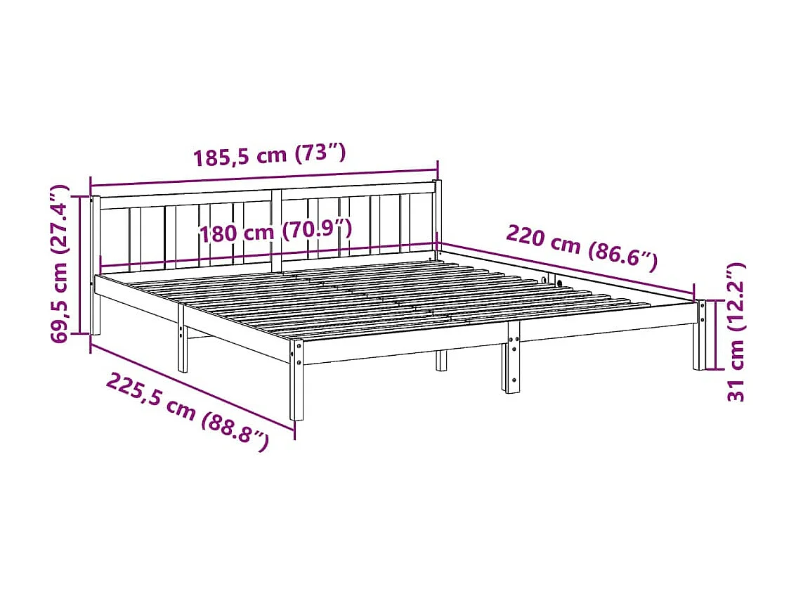 Lit double | Lit adulte | Cadre de lit extra long 180x220 cm bois massif pin