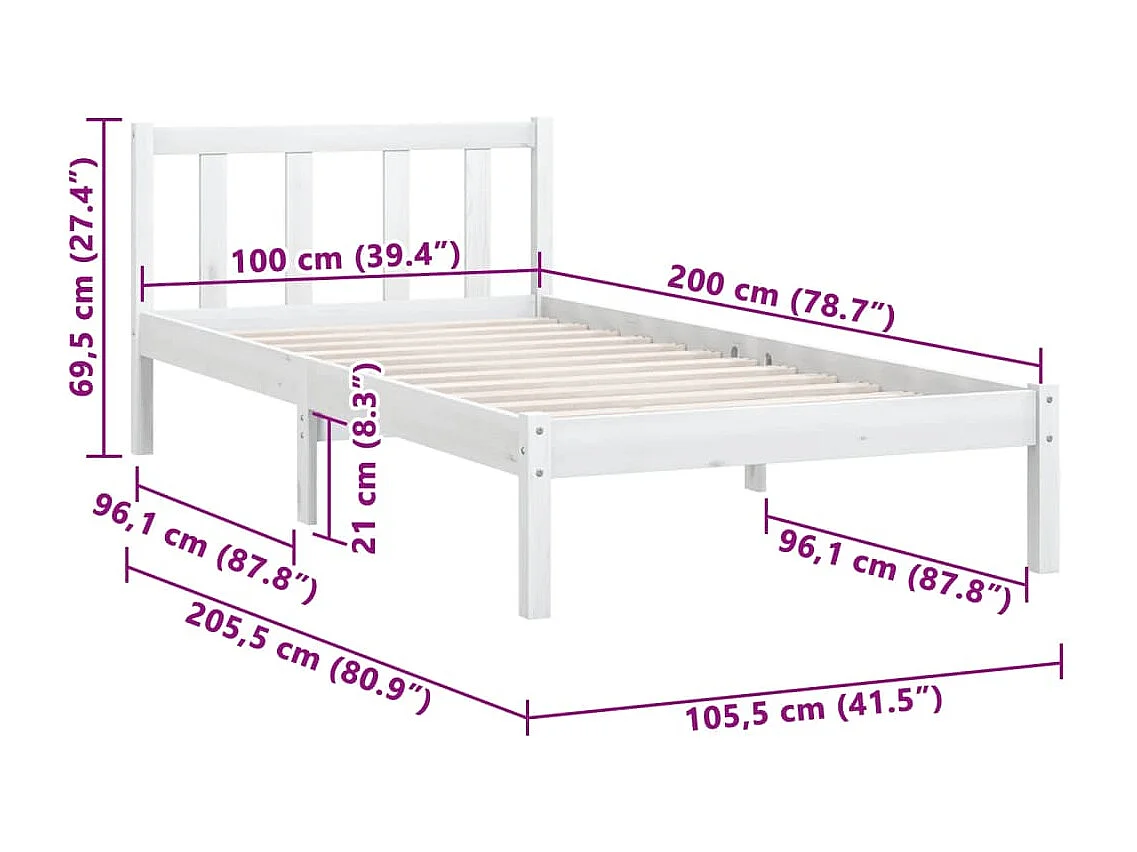 Lit simple | Lit adulte, enfant | Cadre de lit blanc bois massif 100x200 cm