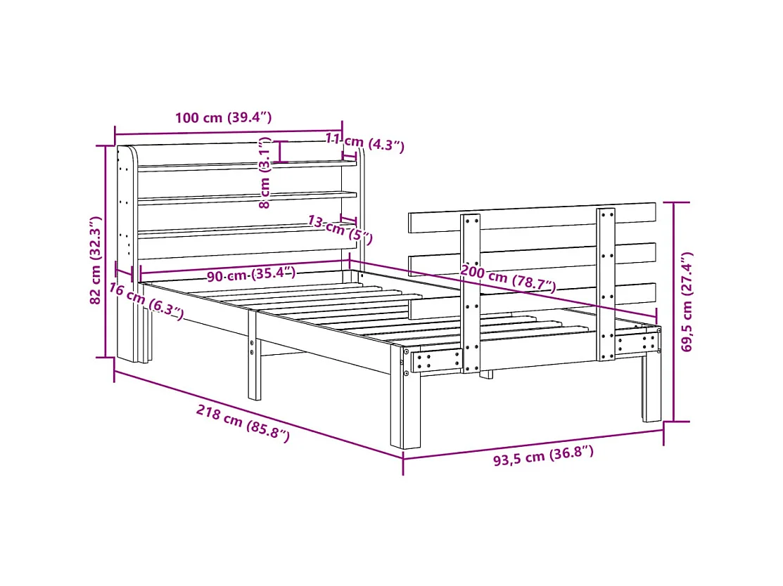 Letto per adulti | Letto singolo | Giroletto con Testiera senza Materasso Bianco 90x200 cm