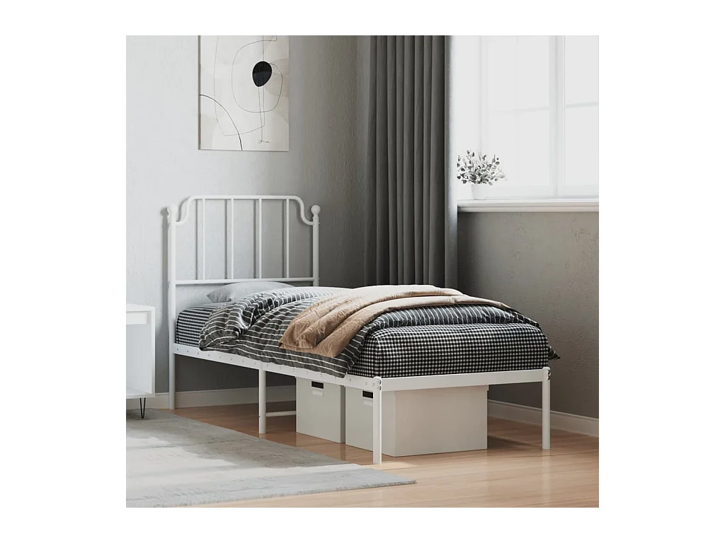 Lit simple | Lit adulte, enfant | Cadre de lit métal avec tête de lit blanc 75x190cm