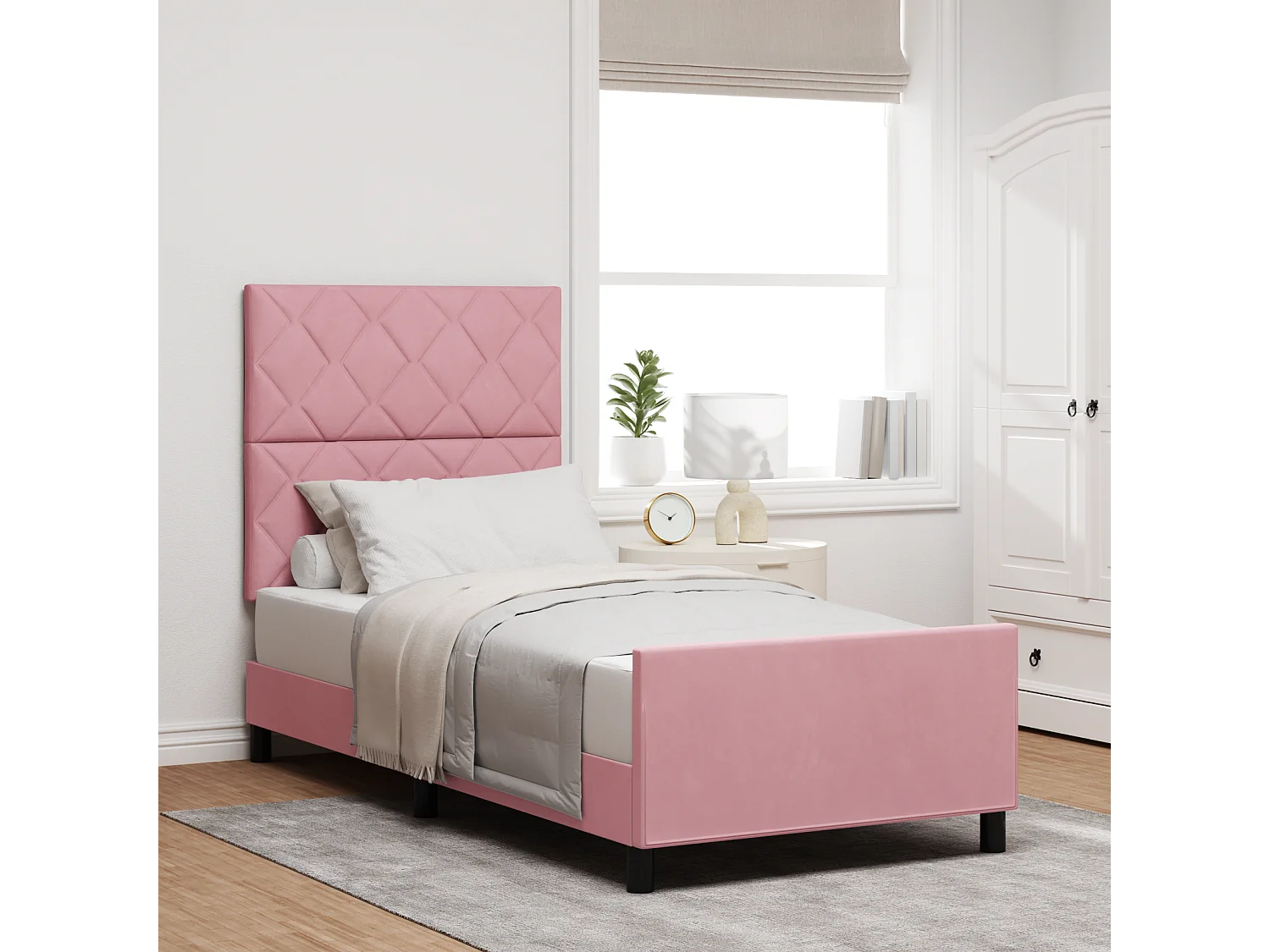 Lit simple | Lit adulte, enfant | Cadre de lit avec tête de lit Rose 90x200 cm Velours