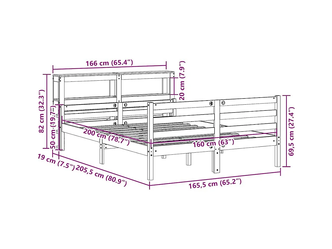 Letto per adulti | Letto matrimoniale | Giroletto con Testiera 160x200 cm in Legno Massello di Pino